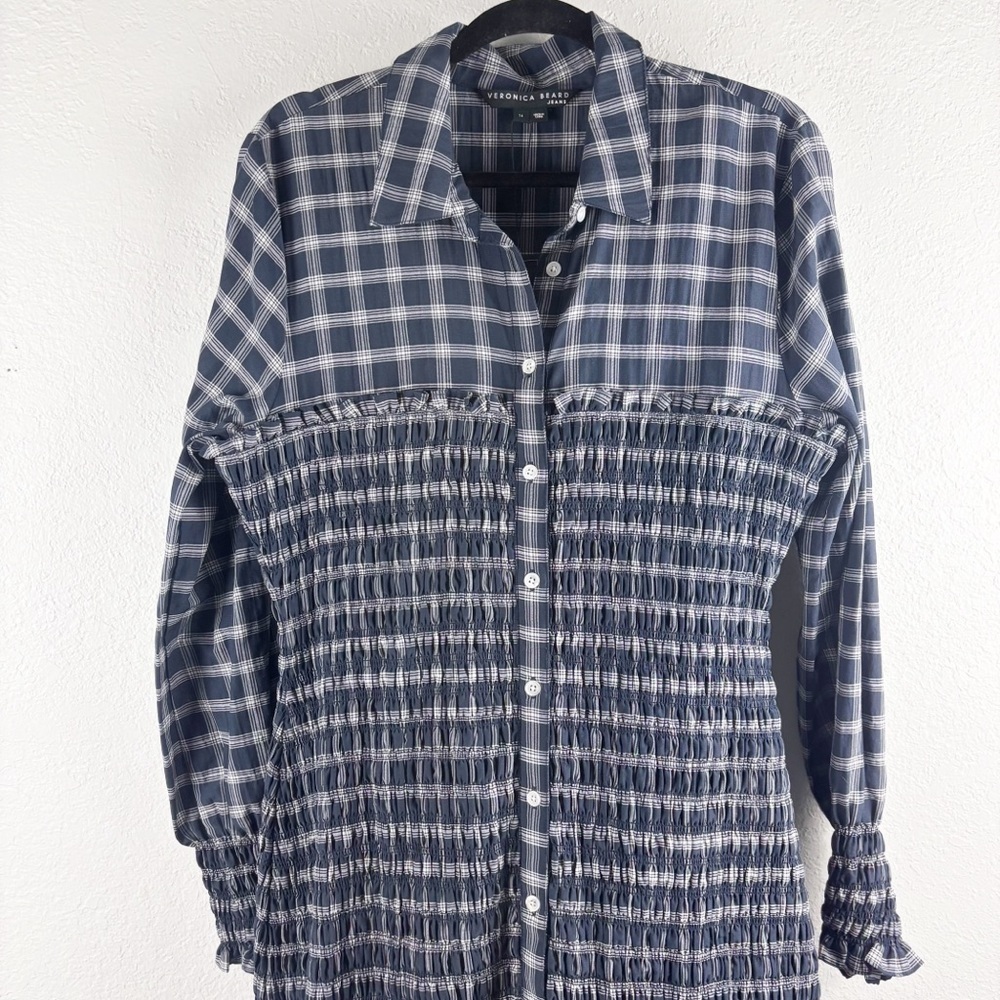 Veronica Beard Kelsey Long Sleeve Smocked Mini Dress Navy Blue Plaid Size 14 - Picture 3 of 8